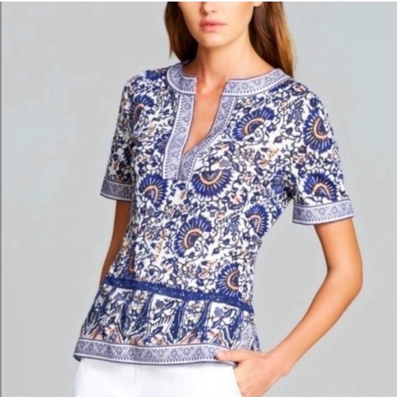 Tory Burch Brinda Print Linen V Neck Tunic Top S - Picture 2 of 10